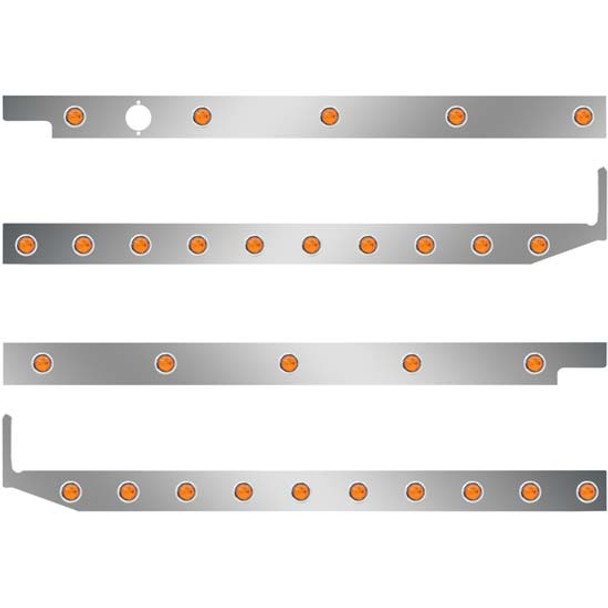 SS Cab/Sleeper Panel Kit W/ Extenders, 1 Plug Cutout & 3/4 Inch Round LED Lights - Amber LED/ Amber Lens For Peterbilt 567, 579 SBA W/ Cab Mount Exhaust & 58 Inch Sleeper