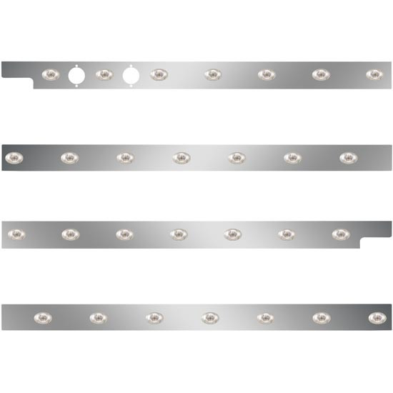 SS Cab/Sleeper Panel Kit W/ 2 Plug Cutouts & P3 Style LED Lights - Amber LED/ Clear Lens For Peterbilt 567, 579 SBA W/ Rear/Horizontal Mount Exhaust & 58 Inch Sleeper