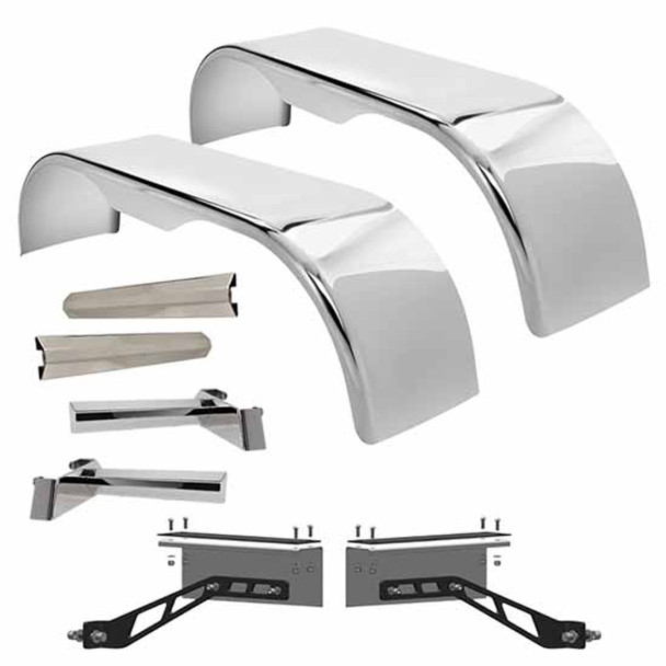 Hogebuilt 105 Inch 304 Stainless Steel Flanged Full Fender Kit For Kenworth 2005 - Newer W/ AG400L Suspension & 24.5 Inch Tires