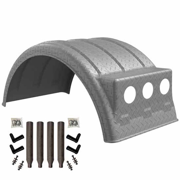 Minimizer Poly Single Axle Diamond Plate Silver Fender W/ Lightbox Kit W/ Bolt On Paddle Mounting Brackets
