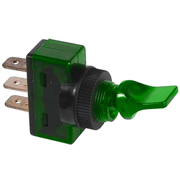 Green Illuminated Duckbill Toggle Switch, 20A At 12V, 3 Terminals W/ .250 Tabs For 1/2 Inch Hole
