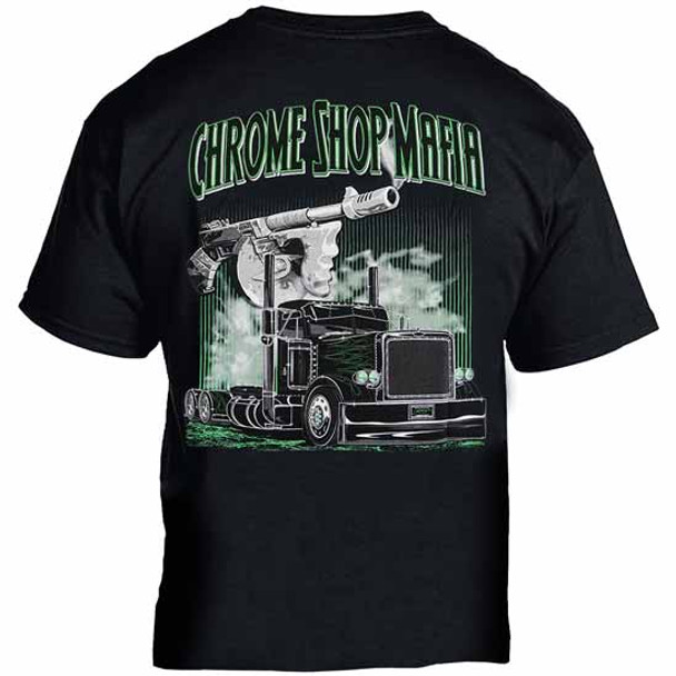 CSM Tommy Gun & Peterbilt Day Cab T-Shirt W/ Green Lettering & Flames - 2XL
