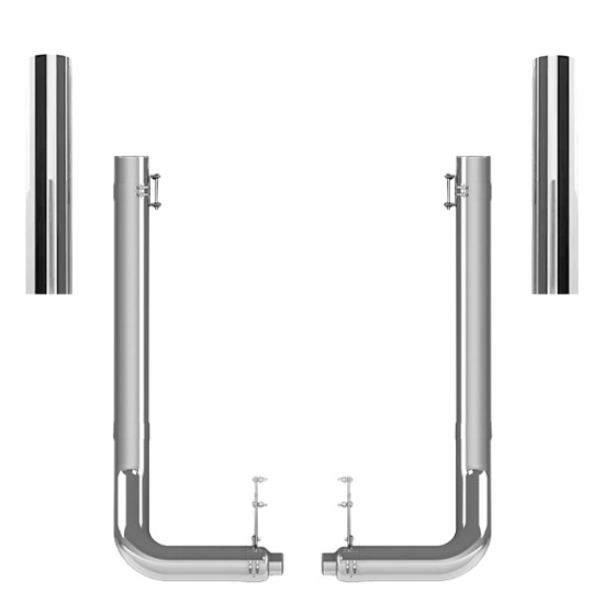 Kenworth W900L 1990-2024 8-5 X 55 Inch Quiet Spool & L Drop Elbow Exhaust Kit W/ 44 Inch Flat Top Stacks