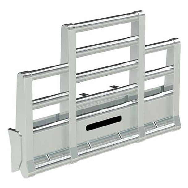 Herd Super Road Train Grille Guard Horizontal Posts With Slam Latch, Lift Assist, Two Oval Clear Turn Signal Lights, Row Of 2 Inch Lights For Peterbilt 379