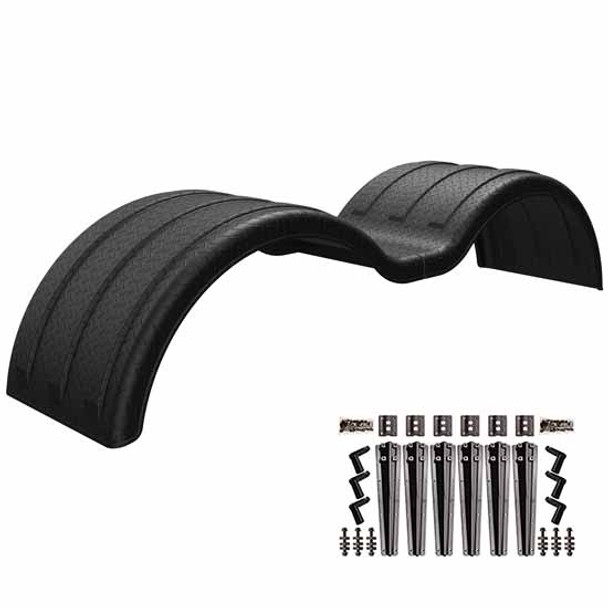 Black Diamond Plated Finish Double Deuce Tandem Axle Full Fenders With Carbon Fiber Style Plastic Mounting Brackets - 106 X 26 X 22 Inch