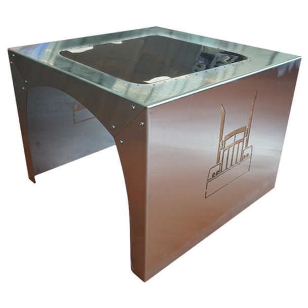Brushed Stainless Steel End Table With Truck Logo And Tinted Plexiglass Insert