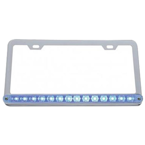 Chrome License Plate Frame W/14 LED 12 Inch Light Bar - Blue LED/ Clear Lens