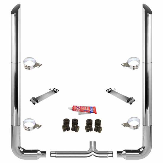 BESTfit 7-5 X 120 Inch Chrome Exhaust Kit W/  Miter Cut Top Stack  Long 90S & Chrome Tapered Y-Pipe 7 Inch Taper Lock Chrome Tee Peterbilt (1987-2003) 52 Inch Quiet Spools Non-Unibilt