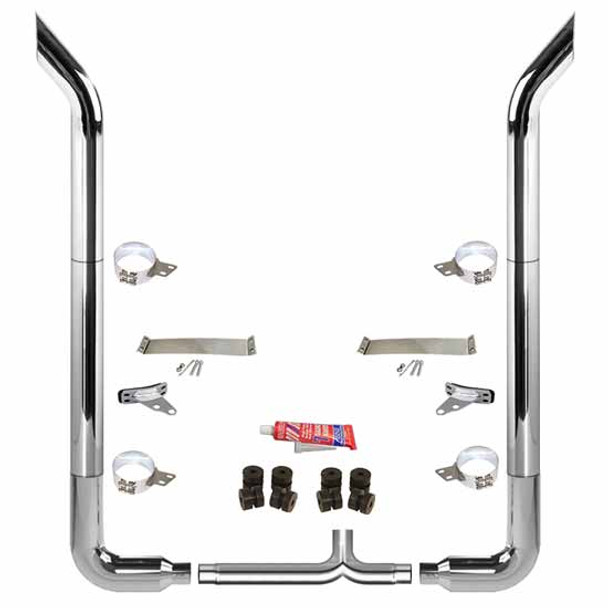 BESTfit 7-5 X 120 Inch Chrome Exhaust Kit W/  Bull Hauler Turn Top Stack  Long 90S & Chrome Tapered Y-Pipe 5 Inch Taper Lock Chrome Tee Peterbilt (1987-2003) 52 Inch Quiet Spools Unibilt