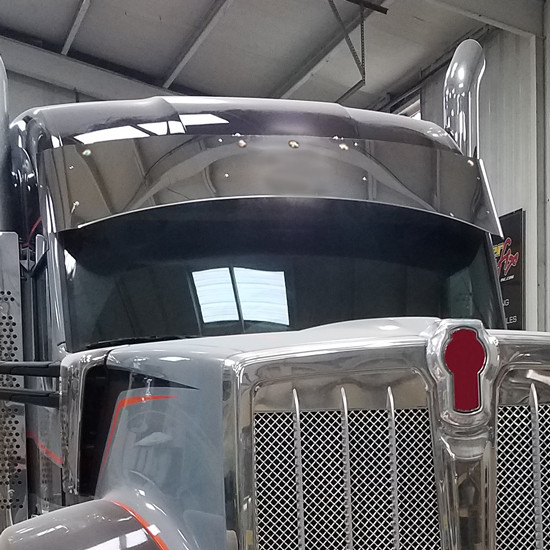 Chrome Shop Mafia 304 Stainless Steel 18.5 Curved Visor W/ 5 Rnd 3/4 Inch Light Holes For Kenworth T680NG