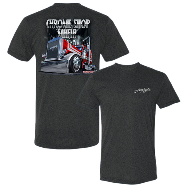 Chrome Shop Mafia Dark Heather Short Sleeve T-Shirt With Tommy Gun Logo And Red & Silver 379 Peterbilt - Small