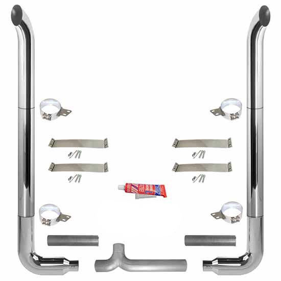 BESTfit 7-5 X 108 Inch Chrome Exhaust Kit W/ West Coast Turnout Stacks, Long Drop Elbows, Standard Spools & 5” Tee For Peterbilt 359 1967 - 1987