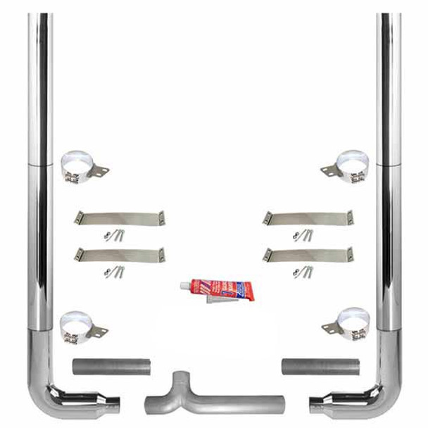 BESTfit 8-5 X 102 Inch Chrome Exhaust Kit W/ Flat Top Stacks, Long 90S, Standard Spools & Chrome Tapered Y-Pipe For Peterbilt 359 1967 - 1987