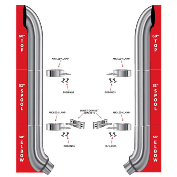 Peterbilt 7 Inch Chrome Curved Stack Exhaust Kit W/ 60 Inch Top Stack, 52 Inch Middle Spools & 7 to 5 Inch 58 Degree Elbow Peterbilt 7 Inch Chrome Curved Stack Exhaust Kit W/ 60 Inch Top Stack, 52 Inch Middle Spools & 7 to 5 Inch 58 Degree Elbow