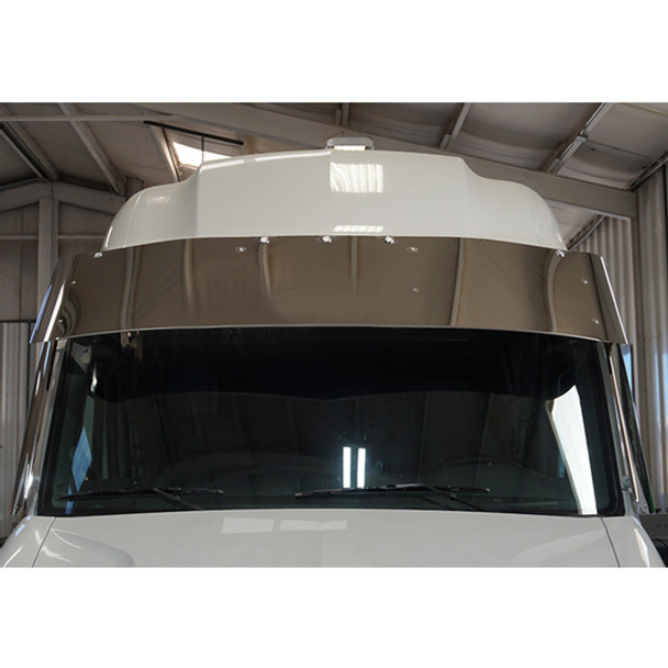 Peterbilt 579 Gen II W/ Wind Vanes 18.5 Inch Stainless Steel Curved Visor With 5 Rnd 3/4 Inch Light Holes By CSM Peterbilt 579 Gen II W/ Wind Vanes 18.5 Inch Stainless Steel Curved Visor With 5 Rnd 3/4 Inch Light Holes By CSM