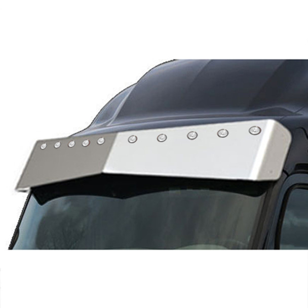 Peterbilt 579 15.5 Inch Stainless Steel Untie Drop Visor W/ 10- 2 Inch Round Flat Lights & Bezels- Amber LED/ Clear Lens