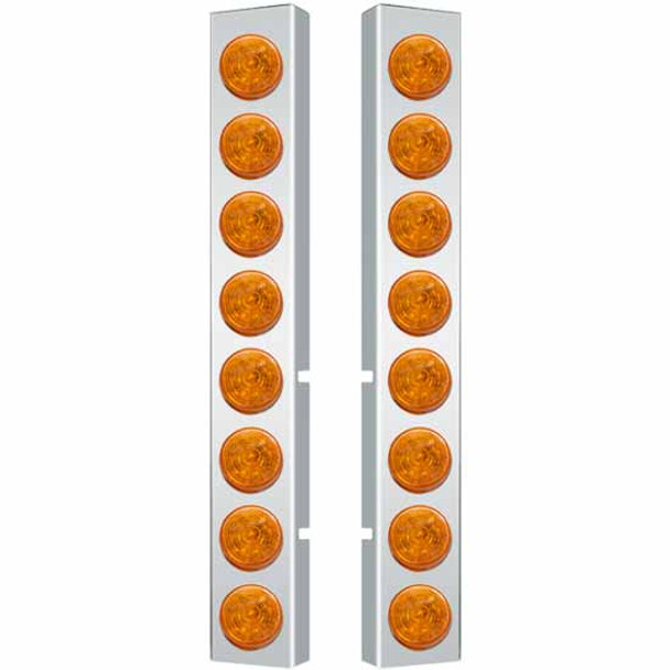 Valley Chrome Stainless Steel Front Air Cleaner Panels With 8 Round 2 Inch Amber LED Lights & Amber Lens for Peterbilt 377, 378, & 379 with Vortox Air Cleaners