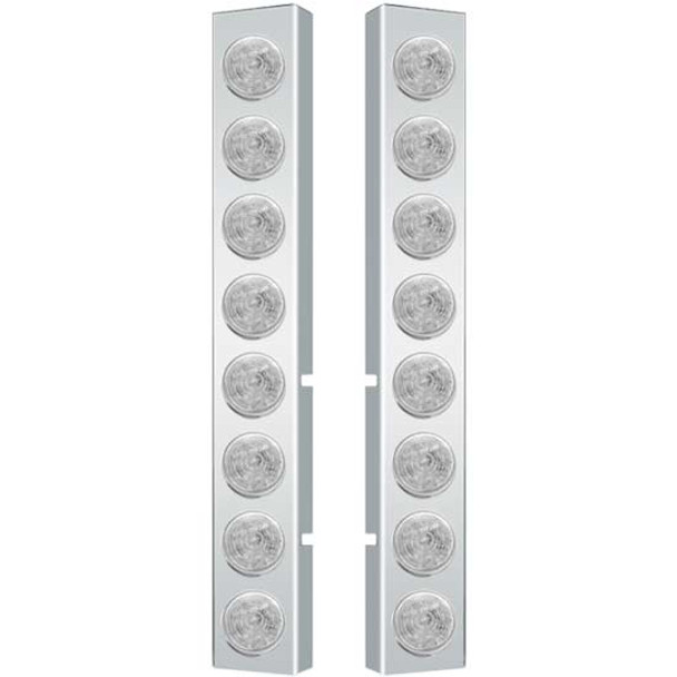 Valley Chrome Stainless Steel Front Air Cleaner Panels With 8 Round 2 Inch Amber LED Lights & Clear Lens for Peterbilt 377, 378, & 379 with Vortox Air Cleaners