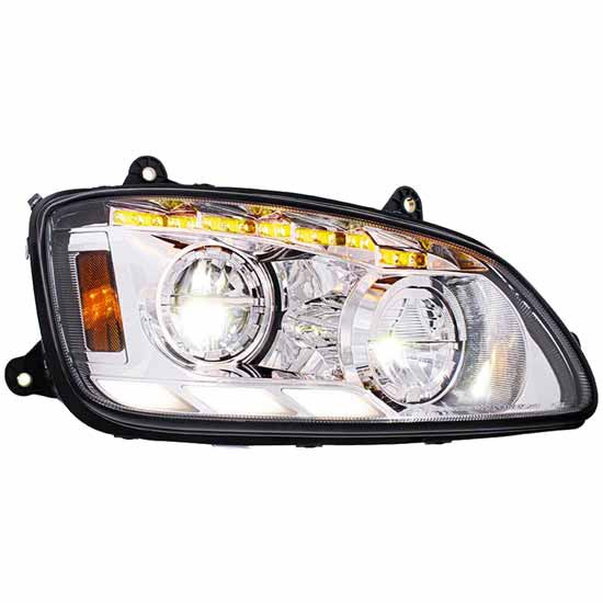 Kenworth T660 Chrome CREE LED Headlight, Passenger Side W/ Sequential Turn Signal & Triple Bar Position Light Bar