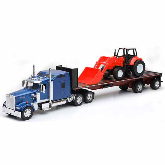 Kenworth W900 Blue Semi Truck Model with Flatbed Trailer