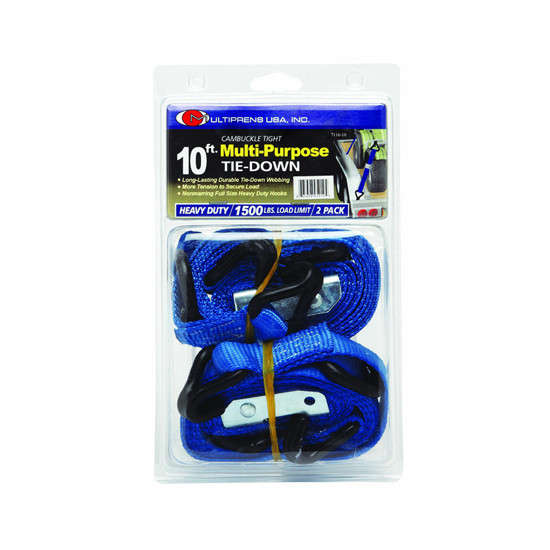 1 Inch X 10 Ft Blue Cam Buckle Strap With Vinyl Wire Hooks & D Rings- 2 Pack
