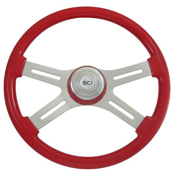 18 Inch Classic Viper Red Steering Wheel W/ 4 Chrome Spokes with Slot Cut Outs