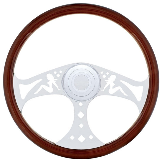 18 Inch Chrome 3 Spoke Lady Cutout Wood Steering Wheel Kit