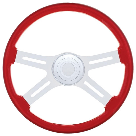 18 Inch Chrome 4 Spoke Red Wood Steering Wheel Kit