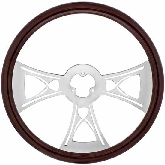 18 Inch Wood Steering Wheel Kit W/ 3 Chrome Spoke With Hourglass Cutouts Fits Peterbilt 1998-2005