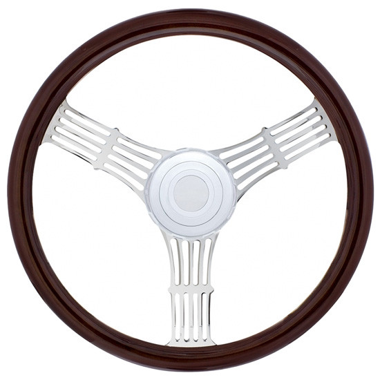 18 Inch Wood Steering Wheel Kit W/ 3 Chrome Spoke With Banjo Cutouts Fits Peterbilt 1993-1998