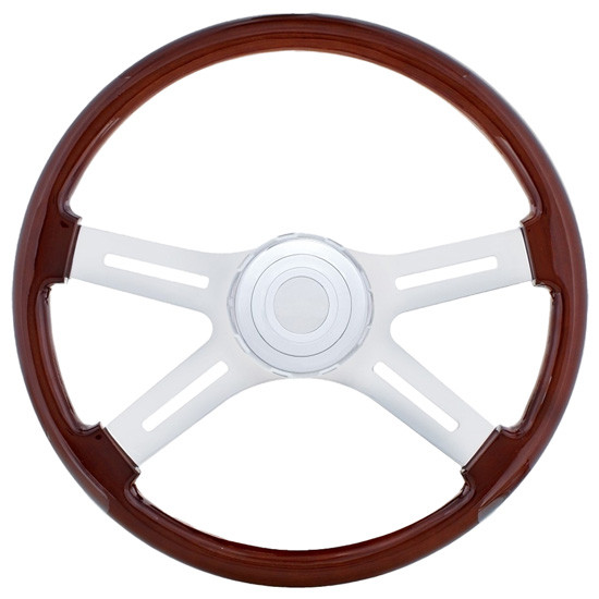 18 Inch Wood Steering Wheel Kit W/ 4 Chrome Spoke With Slotted Cutouts Fits Peterbilt 1998-2005
