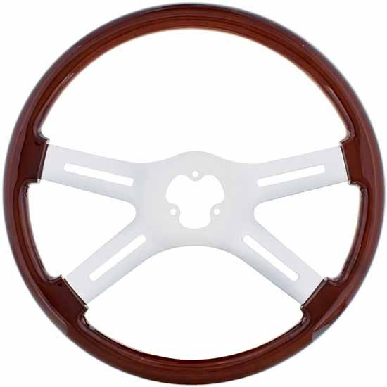 18 Inch Wood Steering Wheel Kit W/ 4 Chrome Spoke With Slotted Cutouts Fits Peterbilt 1993-1998