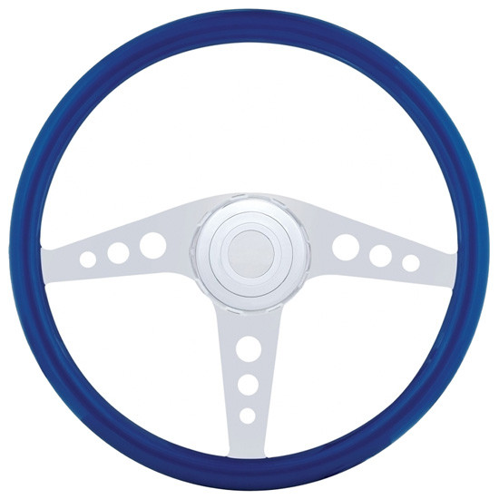 18 Inch Gt Blue Wood Steering Wheel Kit W/ 3 Chrome Spoke With Circle Cutouts Fits Peterbilt 2006-2013