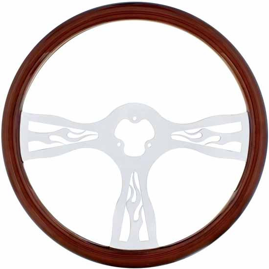 18 Inch Wood Steering Wheel Kit W/ 3 Chrome Spoke With Flame Cutouts Fits Kenworth 2001-2002