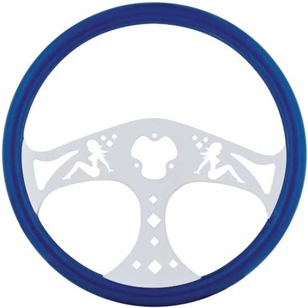 18 Inch Blue Wood Steering Wheel Kit W/ 3 Chrome Spoke With Lady Cutouts Fits Kenworth 1997-2001