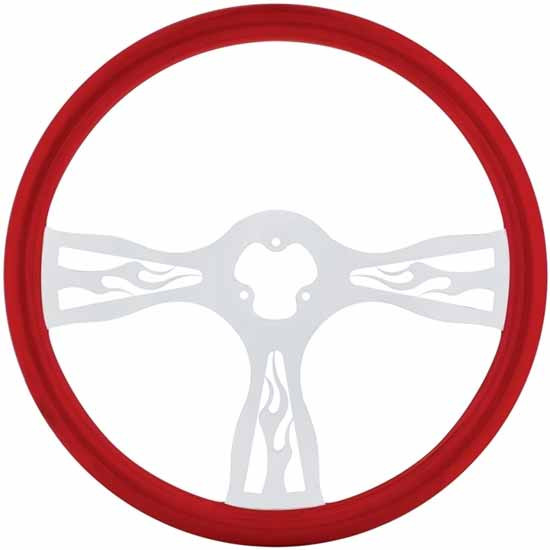 18 Inch Red Wood Steering Wheel Kit W/ 3 Chrome Spoke With Flame Cutouts Fits Kenworth 2001-2002