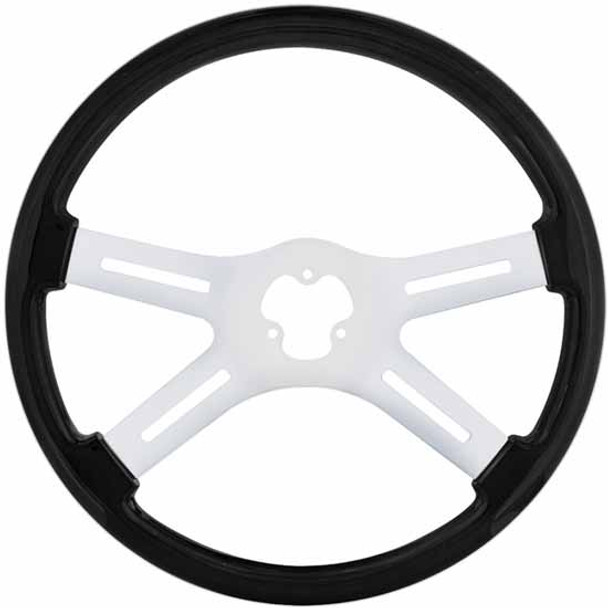 18 Inch Carbon Black Wood Steering Wheel Kit W/ 4 Chrome Spoke With Slot Cutouts Fits Freightliner 1989-2006 18 Inch Carbon Black Wood Steering Wheel Kit W/ 4 Chrome Spoke With Slot Cutouts Fits Freightliner 1989-2006