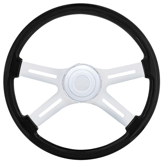 18 Inch Carbon Black Wood Steering Wheel Kit W/ 4 Chrome Spoke With Slot Cutouts Fits Freightliner 1989-2006