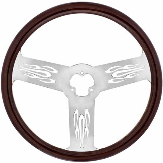 18 Inch Wood Steering Wheel Kit W/ 3 Chrome Spoke With Firestorm Cutouts Fits International