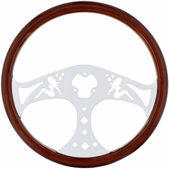 18 Inch Wood Steering Wheel Kit W/ 3 Chrome Spoke With Lady Cutouts Fits International
