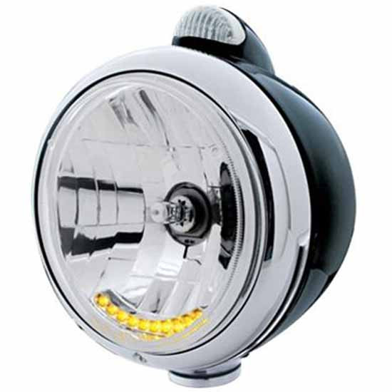 Black Steel Guide Halogen Headlight W/ 10 Amber LED Accents, Amber/Clear Dual Function Signal