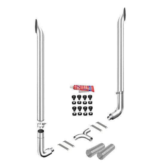 7 X 96 Inch Short 30 Exhaust Kit W/ 7-5 Inch Long Drop Elbows, 5 Inch Chrome Tee & W/ Out Cab Brackets By Lincoln Chrome Fits Peterbilt 359