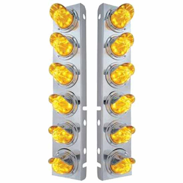 304 SS Front Air Cleaner Panels W/ Six 11 LED Watermelon Lights & Visors - Amber LED/ Amber Lens For Peterbilt 378, 379