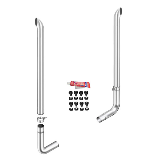 6 X 96 Inch Curve Stack Kit W/ 6-6 LD 90-Deg Elbow, W/ Out Tee, Non- Unibilt W/ Out Cab Brackets By Lincoln Chrome Fits Peterbilt 378, 379 & 389 Glider