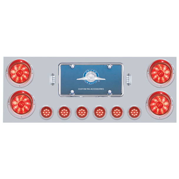 34 Inch Stainless Steel Rear Center Panel W/ Four 10-LED 4 Inch Lights, Six 9-LED 2 Inch Lights & Visors - Red LED / Flat Lens 34 Inch Stainless Steel Rear Center Panel W/ Four 10-LED 4 Inch Lights, Six 9-LED 2 Inch Lights & Visors - Red LED / Flat Lens
