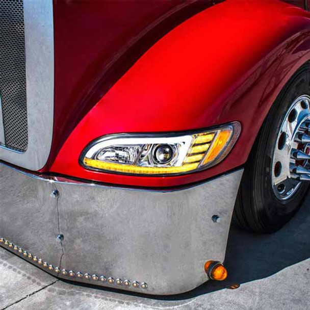 Chrome Projection Headlight W/ LED Sequential Turn & DRL - Driver Side -  For Peterbilt 335, 337, 340, 348, 384, 386, 387