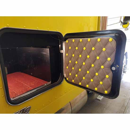 Ez Pete Utility/Cargo Door Cover With Cashmere Cream Back Panel, Hollywood Gold Buttons And Dark Brown Double Stitch Thread For Peterbilt 389
