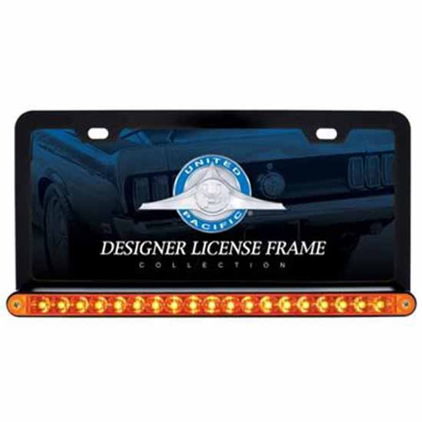 Black License Plate Frame W/19 Led 12 Inch Reflector Light Bar - Amber/Amber