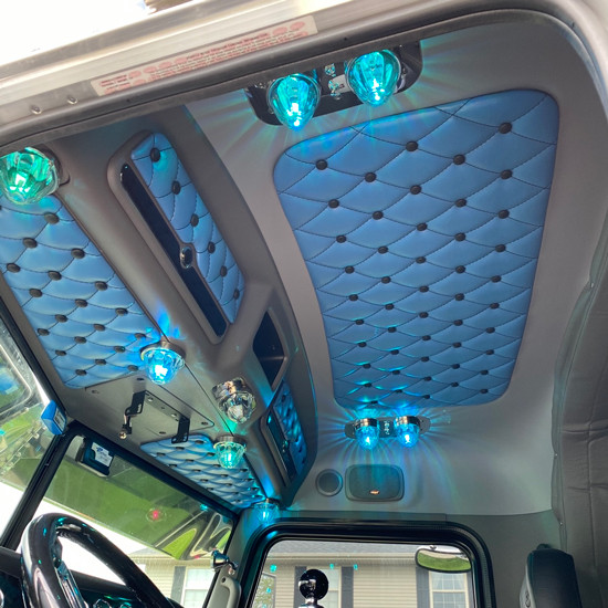 Ez Pete Cab Headliner With Sapphire Blue Back Panel, Polar White Buttons And White Double Stitch Thread For Peterbilt 389