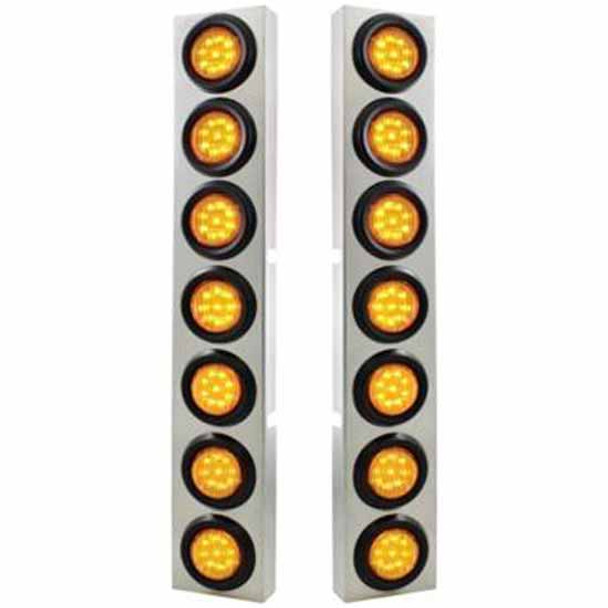 304 Stainless Steel Front Air Cleaner Bracket W/ 14 X 9 LED 2 Inch Round Flat Lights & Rubber Grommets - Amber LED / Amber Lens For Kenworth W900 - Pair